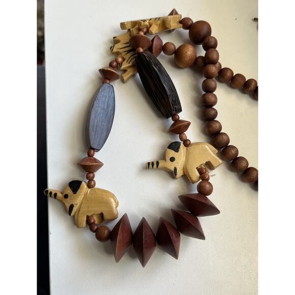 Large Carved Wood Bead Tribal Statement Necklace Zebra Elephant Fettish 24” - Picture 2 of 3